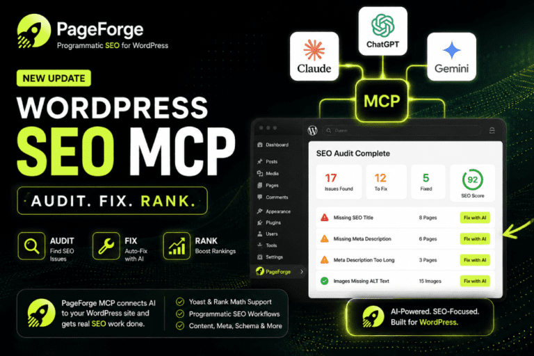 PageForge WordPress SEO MCP update connecting Claude, ChatGPT and Gemini to audit and fix SEO issues with AI