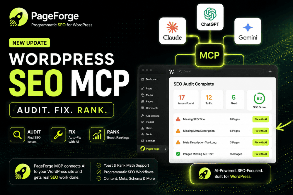 PageForge WordPress SEO MCP update connecting Claude, ChatGPT and Gemini to audit and fix SEO issues with AI
