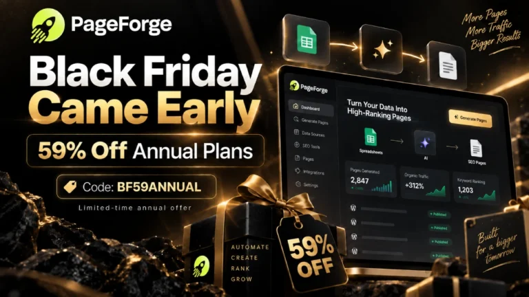 PageForge Black Friday deal banner showing 59% off annual plans with code BF59ANNUAL