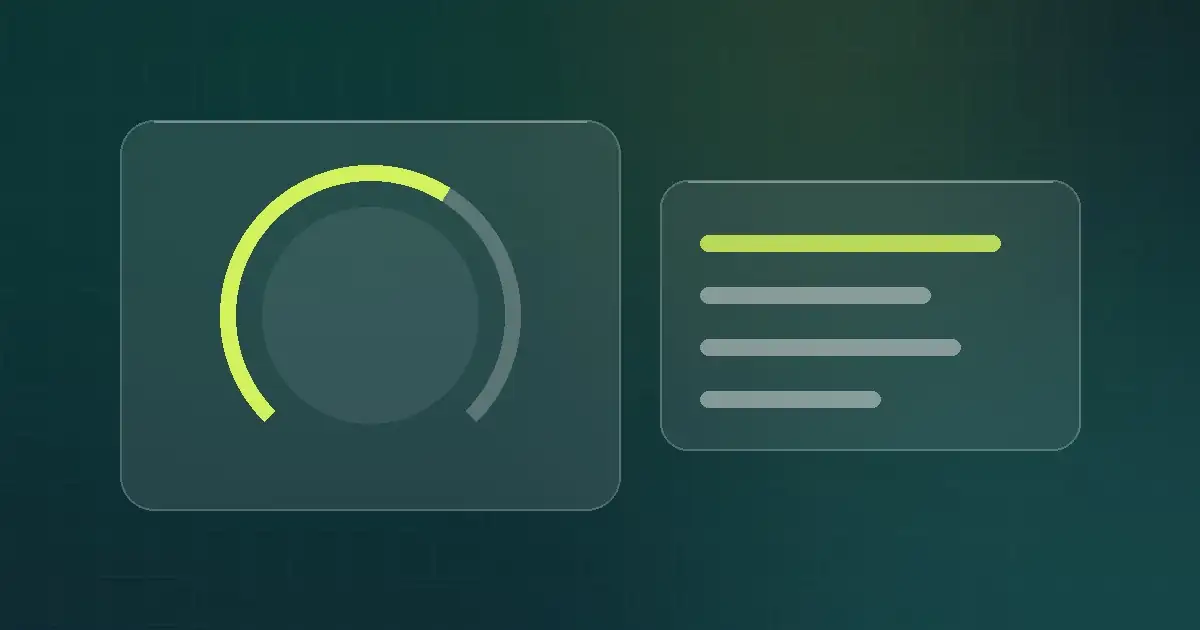 Glass dashboard showing a domain authority score dial and backlink report