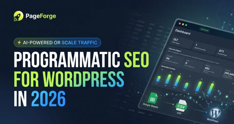 Dashboard of PageForge programmatic SEO WordPress plugin generating bulk pages