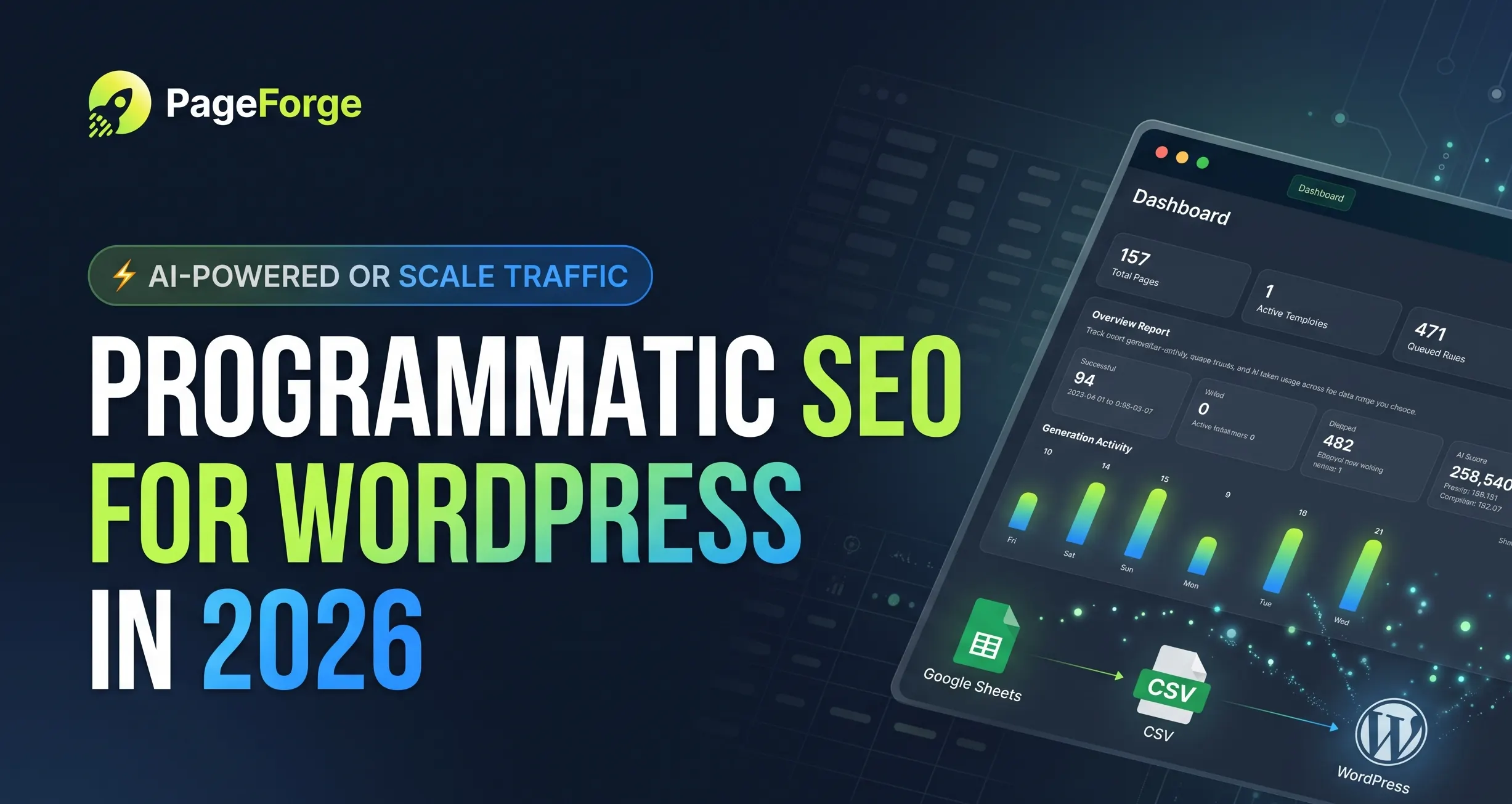 Dashboard of PageForge programmatic SEO WordPress plugin generating bulk pages